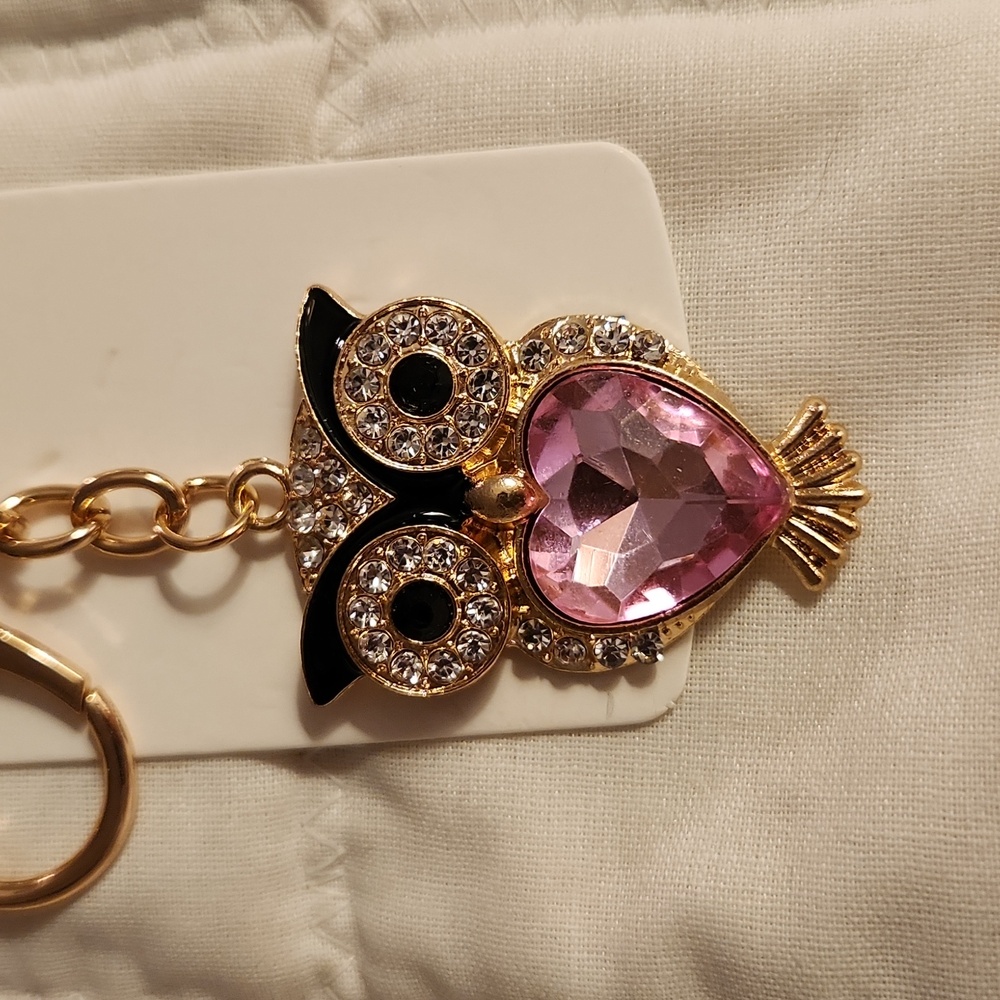Owl heart bag charm/ key chain, Pink and gold